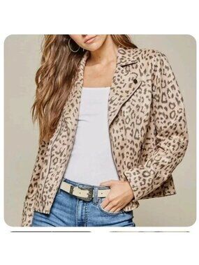 Andree By Unit Blush Leopard Moto Jacket faux suede size medium womens new $67